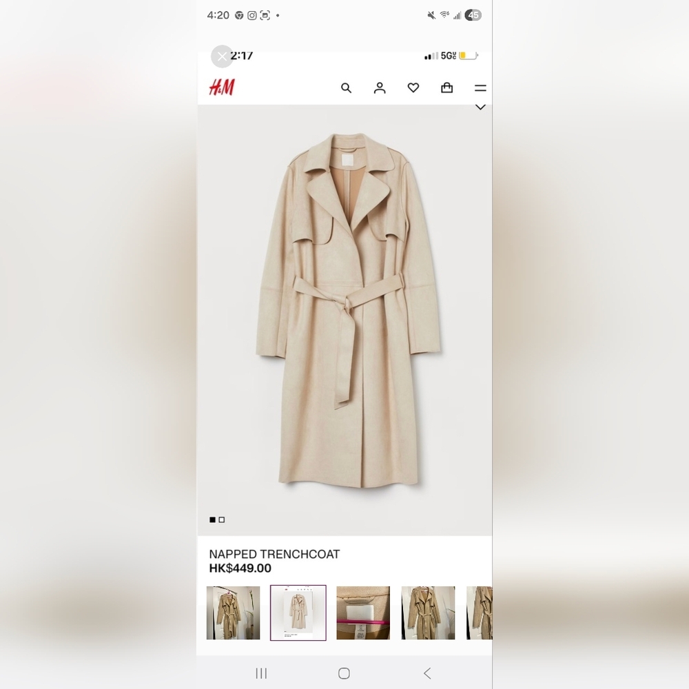 H&M Classic Beige Trench Coat for Women - Faux Suede Like Material XXL